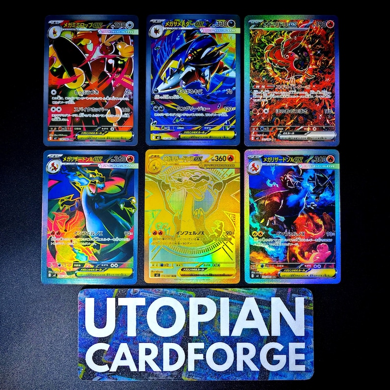May include: Six collectible trading cards with holographic designs. The cards feature various creatures in vibrant colors, including red, blue, and gold. The text "UTOPIAN CARDFORGE" is displayed on a blue and white rectangular label at the bottom.