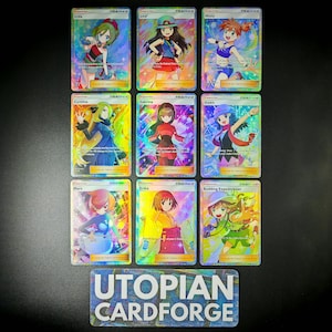 Treinador de TCG de bolso Arte completa Rara • Proxy/Orica feito à mão • Pacote com 9 cartas Proxies • Cartas TOTALMENTE TEXTURIZADAS • Erika, Sabrina, Misty, Leaf, Cynthia