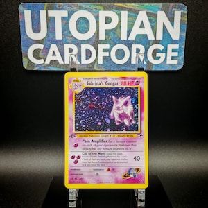 Sabrinas Gengar Holo Rare • Handgemachter PROXY/ORICA • Gym Heroes 14 • Spiegel-Regenbogen-Holografie auf dem Artwork-Hintergrund