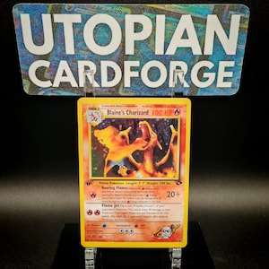 Blaine&#39;s Charizard First Edition • Handmade PROXY/ORICA • Gym Challenge 2/132 • With Rainbow Holography applied in the artwork background