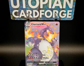 Charizard VMAX Brillante Ultra Raro • PROXY/ORICA Hecho a Mano • Shining Fates SV107 • Holografía Arcoíris aplicada en el fondo de la ilustración