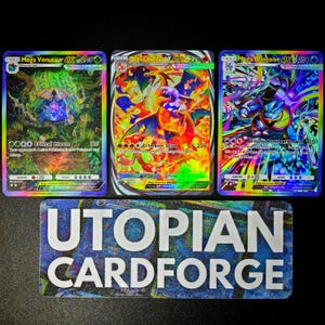 May include: Three holographic trading cards featuring Mega Venusaur, Mega Charizard Y, and Mega Blastoise. The cards have colourful designs and text that includes "Critical Bloom", "Crimson Dive", and "Triple Bombardment". A "Utopian Cardforge" sticker is at the bottom.