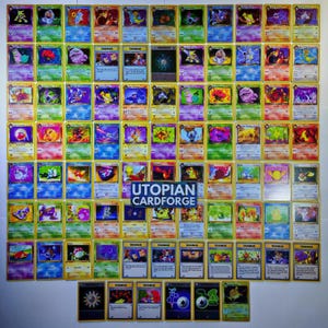 May include: A collection of vintage Pokémon trading cards, featuring various characters and designs. The cards have yellow borders and colorful illustrations. The image includes a variety of trainer and energy cards, with the text "UTOPIAN CARDFORGE" in the center.