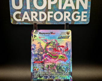 Rayquaza VMAX Special Illustrator Rare • Handgefertigtes PROXY/ORICA • Evolving Skies 218 • Regenbogenholografie auf dem Hintergrund des Kunstwerks