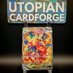 May include: A Mega Charizard Y ex trading card with a fiery design. The card features a vibrant illustration of a Charizard in shades of orange, red, and blue. The card's text includes "Crimson Dive" and "250". The card is displayed on a clear stand.