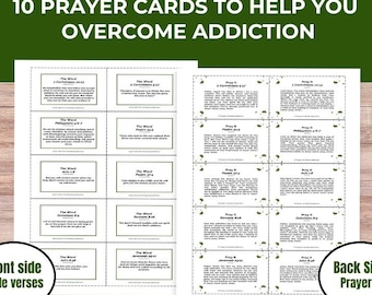 Puede incluir: Descarga digital de tarjetas de oración para ayudar a superar la adicción. Las tarjetas presentan versículos bíblicos en el anverso y oraciones en el reverso. El texto "10 Prayer Cards to Help You Overcome Addiction" está en la parte superior.