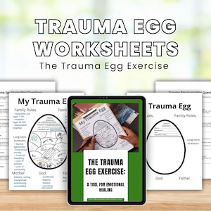 May include: A set of printable worksheets for the Trauma Egg Exercise. The worksheets include a diagram of an egg with sections for family rules, long-term stressors, and family roles. The text "The Trauma Egg Exercise: A Tool for Emotional Healing" is displayed on a green background.