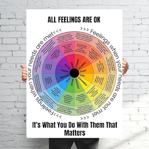 Op de afbeelding: Een poster met de tekst "ALL FEELINGS ARE OK" en een cirkelvormig diagram dat verschillende emoties illustreert. Het diagram bevat zinnen als "Feelings when your needs are met" en "It's What You Do With Them That Matters."