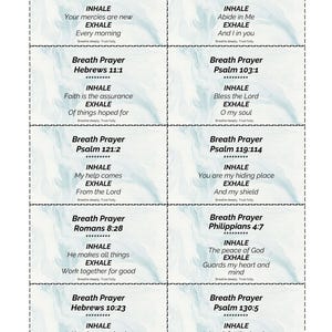 May include: A collection of ten rectangular cards with a light blue background, each featuring the words "Breath Prayer" and a Bible verse reference. Each card includes the words "INHALE" and "EXHALE" with related phrases.