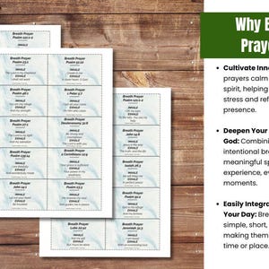 May include: Three stacks of white cards with blue watercolor accents and text, including "Breath Prayer" and Bible verses, are displayed on a wooden surface. A green sidebar explains the benefits of breath prayers, such as cultivating inner peace and deepening connection with God.