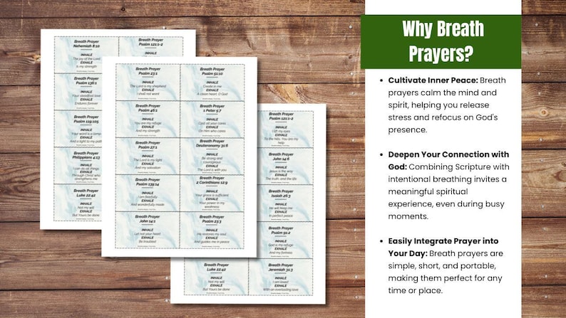 May include: Three stacks of white cards with blue watercolor accents and text, including "Breath Prayer" and Bible verses, are displayed on a wooden surface. A green sidebar explains the benefits of breath prayers, such as cultivating inner peace and deepening connection with God.