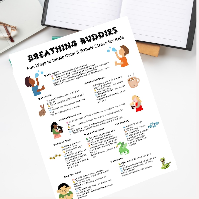 May include: A colourful printable worksheet with illustrations of children practicing different breathing exercises. The worksheet is titled "Breathing Buddies: Fun Ways to Inhale Calm & Exhale Stress for Kids".