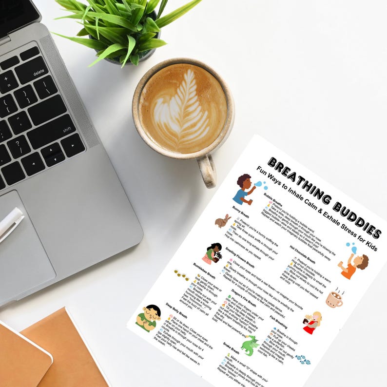 May include: A printable worksheet with colourful illustrations and instructions for breathing exercises for children. The worksheet is titled "Breathing Buddies: Fun Ways to Inhale Calm & Exhale Stress for Kids".