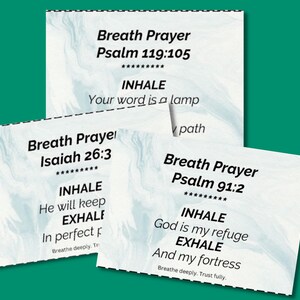 May include: Three white cards with a marbled design feature the text "Breath Prayer" and Bible verses. Each card includes "INHALE" and "EXHALE" prompts. The cards are designed for spiritual reflection and meditation.