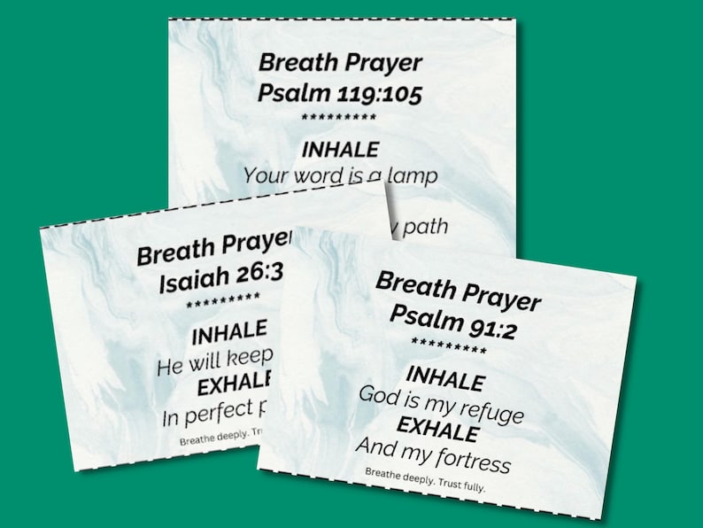 May include: Three white cards with a marbled design feature the text "Breath Prayer" and Bible verses. Each card includes "INHALE" and "EXHALE" prompts. The cards are designed for spiritual reflection and meditation.