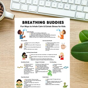 May include: A colourful printable chart with illustrations and instructions for children on how to practice breathing exercises. The chart features different breathing techniques, such as bubble breaths, bunny breaths, hot chocolate breaths, smelling flowers breaths, bumblebee breaths, dragon's fire breaths, fish breathing, deep belly breaths, snake breaths, and more.