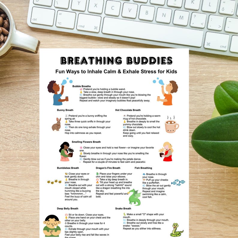May include: A colourful printable chart with illustrations and instructions for children on how to practice breathing exercises. The chart features different breathing techniques, such as bubble breaths, bunny breaths, hot chocolate breaths, smelling flowers breaths, bumblebee breaths, dragon's fire breaths, fish breathing, deep belly breaths, snake breaths, and more.