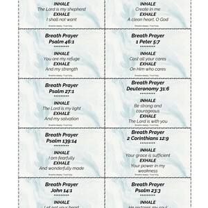 May include: A set of eight rectangular cards with the words "Breath Prayer" and Bible verses printed on them. Each card has "INHALE" and "EXHALE" instructions. The background is a light blue watercolor design.