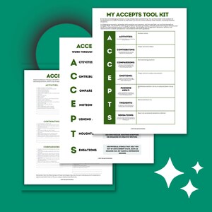 Pode incluir: Uma folha de trabalho imprimível verde e branca intitulada "My Accepts Tool Kit" com uma lista de atividades, contribuições, comparações, emoções, empurrar para longe, pensamentos e sensações. A folha de trabalho foi projetada para ajudar as pessoas a lidar com emoções desafiadoras.
