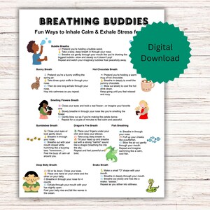 May include: A printable worksheet with illustrations of animals and instructions for breathing exercises. The title is "Breathing Buddies: Fun Ways to Inhale Calm & Exhale Stress".