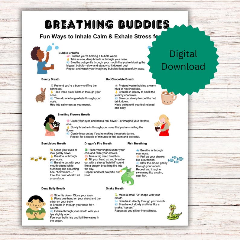 May include: A printable worksheet with illustrations of animals and instructions for breathing exercises. The title is "Breathing Buddies: Fun Ways to Inhale Calm & Exhale Stress".