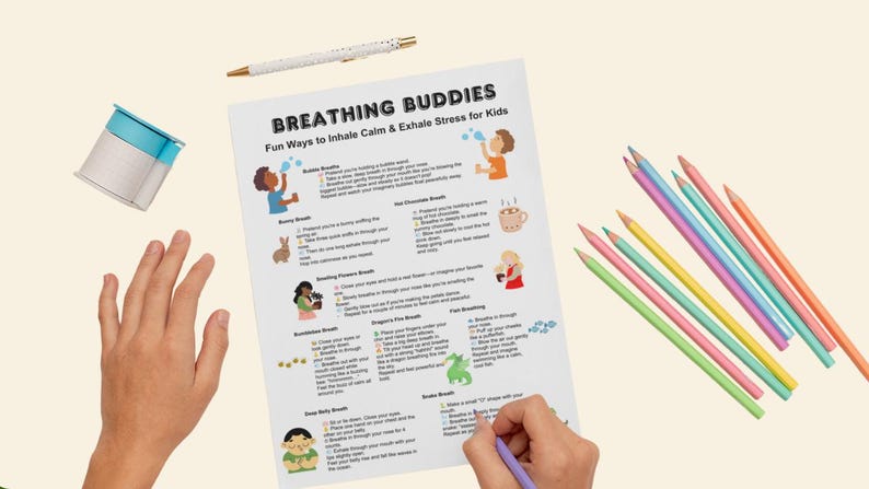 May include: A printable worksheet titled "Breathing Buddies: Fun Ways to Inhale Calm & Exhale Stress for Kids" with illustrations of children and animals. The worksheet includes instructions for different breathing exercises, such as bubble breaths, bunny breaths, and dragon breaths.