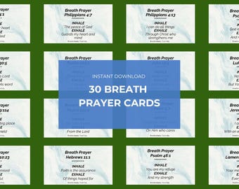 Puede incluir: Un conjunto de 30 tarjetas de Oración de la Respiración sobre un fondo verde. Cada tarjeta presenta un versículo bíblico, con las palabras "INHALE" y "EXHALE" en negrita. Un rectángulo azul en el centro dice "DESCARGA INSTANTÁNEA 30 TARJETAS DE ORACIÓN DE LA RESPIRACIÓN."