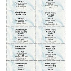 May include: A set of rectangular cards with the words "Breath Prayer" and Bible verses. Each card features the words "INHALE" and "EXHALE" with inspirational phrases. The cards are white with black text.