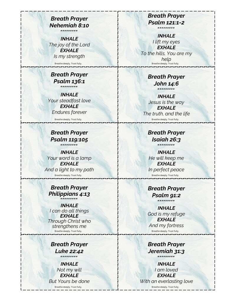 May include: A set of rectangular cards with the words "Breath Prayer" and Bible verses. Each card features the words "INHALE" and "EXHALE" with inspirational phrases. The cards are white with black text.