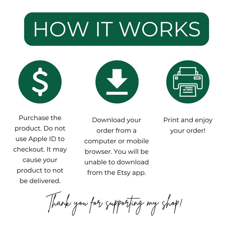 May include: Green graphic with the text "HOW IT WORKS" in white. Three steps are illustrated: a dollar sign, a download arrow, and a printer. Text explains how to purchase, download, and print a digital product. The text also states that Apple ID cannot be used to purchase the product.