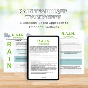 May include: A digital worksheet with a Christian-based approach to emotional wellness using the RAIN technique. The worksheet includes the acronym RAIN, which stands for Recognize, Allow, Investigate, and Non-identification. The worksheet is designed to help people manage their emotions in a healthy way.