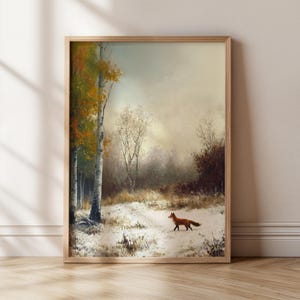 Stampa vintage di una volpe nel bosco, cornice da parete, dipinto autunnale suggestivo, arredamento rustico e accogliente, regalo per gli amanti della natura, arte suggestiva.