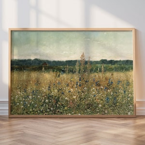 Wildblumen Feld Druck, Landschaftsrahmen Kunst, Vintage Natur Gemälde, rustikale Bauernhaus Dekor, botanische Wanddruck, gemütliches Geschenk, Frühling Floral
