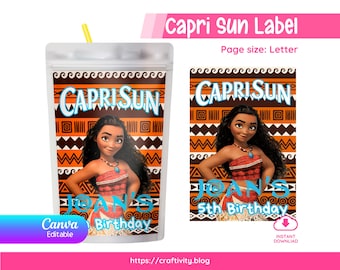 Moana Capri Sun Label Template Editable Canva | Polynesian Tropical Party Favor Printable | Disney Birthday Drink Labels Digital