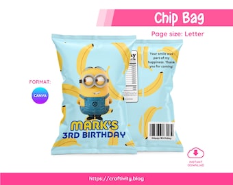 Plantilla editable para bolsas de patatas fritas de los Minions en Canva / Imprimible para fiestas de Mi Villano Favorito / Envoltorio para bolsas de dulces de cumpleaños infantiles / Descarga digital
