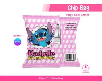 Stitch Chip Bag Template Editable Canva | Lilo & Stitch Tropical Party Favor Printable | Hawaiian Birthday Wrapper | Digital Download