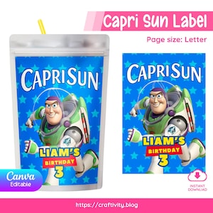 Buzz Lightyear Capri Sun Label Template Editable Canva | Space Ranger Juice Pouch Favor Printable | Toy Story Birthday Drinks Digital