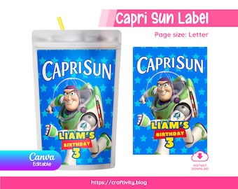 Plantilla editable de etiqueta para Capri Sun de Buzz Lightyear en Canva / Bolsita de jugo de Guardián Espacial para imprimir como recuerdo / Bebidas digitales de cumpleaños de Toy Story