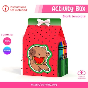 Può includere: Scatola attività rossa con design anguria e semi neri. Un orsetto dei cartoni animati che mangia l'anguria è sul davanti. La scatola include pastelli e il testo "Activity Box Blank template". Formati: SVG, CANVA. Download istantaneo.
