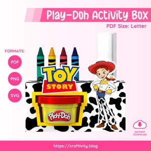 May include: A Play-Doh Activity Box featuring the Toy Story logo and character Jessie. The box has a black and white cow print design, with crayons and a Play-Doh container. The text "Play-Doh Activity Box" is at the top.