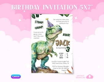 Szablon zaproszenia urodzinowego z dinozaurem T-Rex | Edytowalne zaproszenie na imprezę dla chłopców Canva (do pobrania cyfrowego)