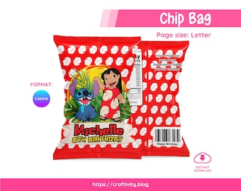 Lilo & Stitch Chip Taschenvorlage Bearbeitbare Canva | Hawaiianisches Gastgeschenk zum Ausdrucken | Tropische Geburtstagsverpackung | Digitaler Download