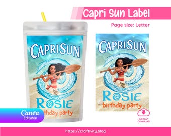 Moana Capri Sun Label Template Editable Canva | Polynesian Tropical Party Favor Printable | Disney Birthday Drink Labels Digital