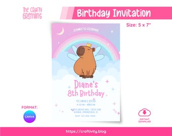 Capybara Birthday Invitation Template Editable Canva | Funny Capybara Party Invite | Cute Digital Download | 5x7 Printable E-vite