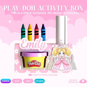Op de afbeelding: Een roze Play-Doh activiteitenbox-sjabloon met de tekst PLAY-DOH ACTIVITY BOX en This is a blank template. No design is included. Het bevat een gele Play-Doh-container, vier kleurpotloden, een prinsessenillustratie en een witte cilinder.