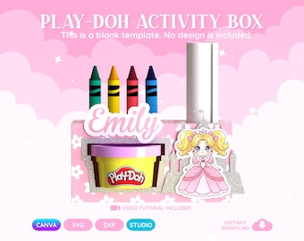 May include: A pink Play-Doh activity box template featuring the text PLAY-DOH ACTIVITY BOX and This is a blank template. No design is included. It includes a yellow Play-Doh container, four crayons, a princess illustration, and a white cylinder.