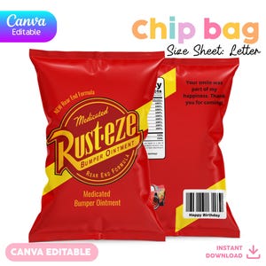 Editable Chip Bag | Canva Template | Party Favor Printable | Rusteze - Cars | crs-01, crs-02, crs-03