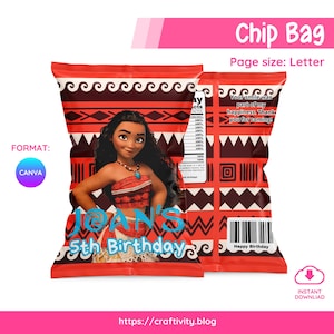 Moana Chip Bag Template Editable Canva | Polynesian Tropical Party Favor Printable | Disney Birthday Treat Wrapper | Digital Download