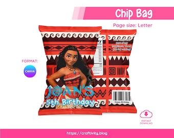 Moana Chip Bag Template Editable Canva | Polynesian Tropical Party Favor Printable | Disney Birthday Treat Wrapper | Digital Download