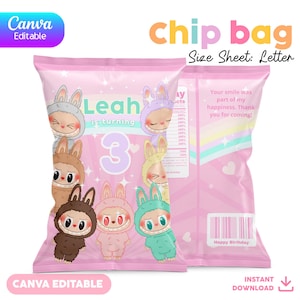 Edytowalna torba na chipsy | Szablon Canva | Upominek na imprezę do wydrukowania | Labubu - Labubus | LS-02